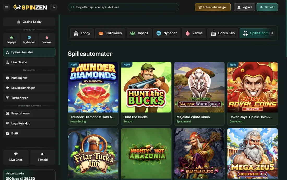 Fanen Spilleautomater i Spinzens danske lobby med spiloversigt og kategorifaner øverst