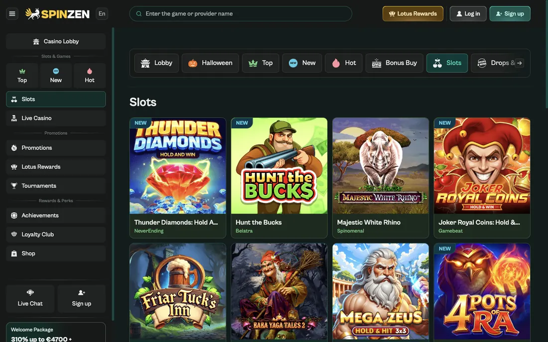 Spinzens lobby med fliken för spelautomater, spelrutor och kategoriflikar högst upp på sidan